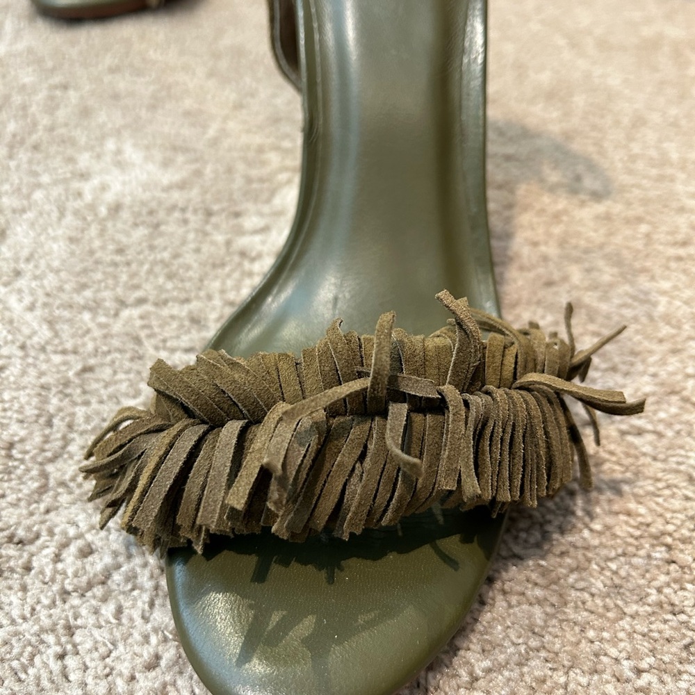Joie Flirty Fringe Olive Green Suede Sandals - Picture 9 of 10